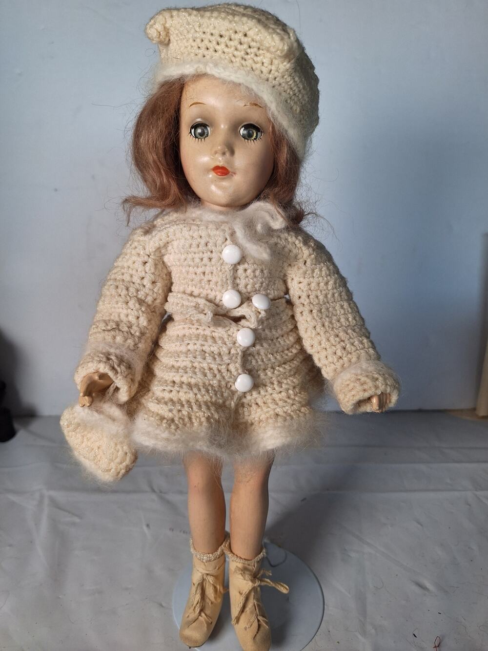 1937-46 Mary Hoyer 14" Composition Doll Ice Skater Outfit Mohair Wig Vintage